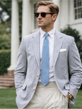 Vintage Norman Stockton Seersucker Blazer Blue White Stripe 40R Ivy Prep Summer